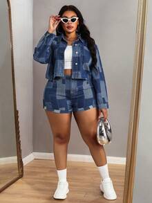 Slaydiva Plus Size Women's Blue Denim Personalized Jacquard Shorts, Spring - Medium Wash - View 3
