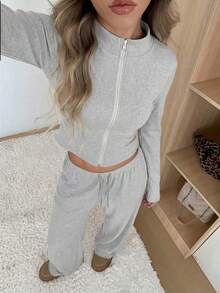 SHEIN EZwear Women's Light Gray Fitted Jacket And Pants Casual Suit Set, Spring/Summer, Women's Spring Outfit Two Piece Set Women Comfy Two Piece Lounge Set Casual Two Piece Set Grey Two Piece Set Comfortable Two Piece Set - Light Grey - View 4