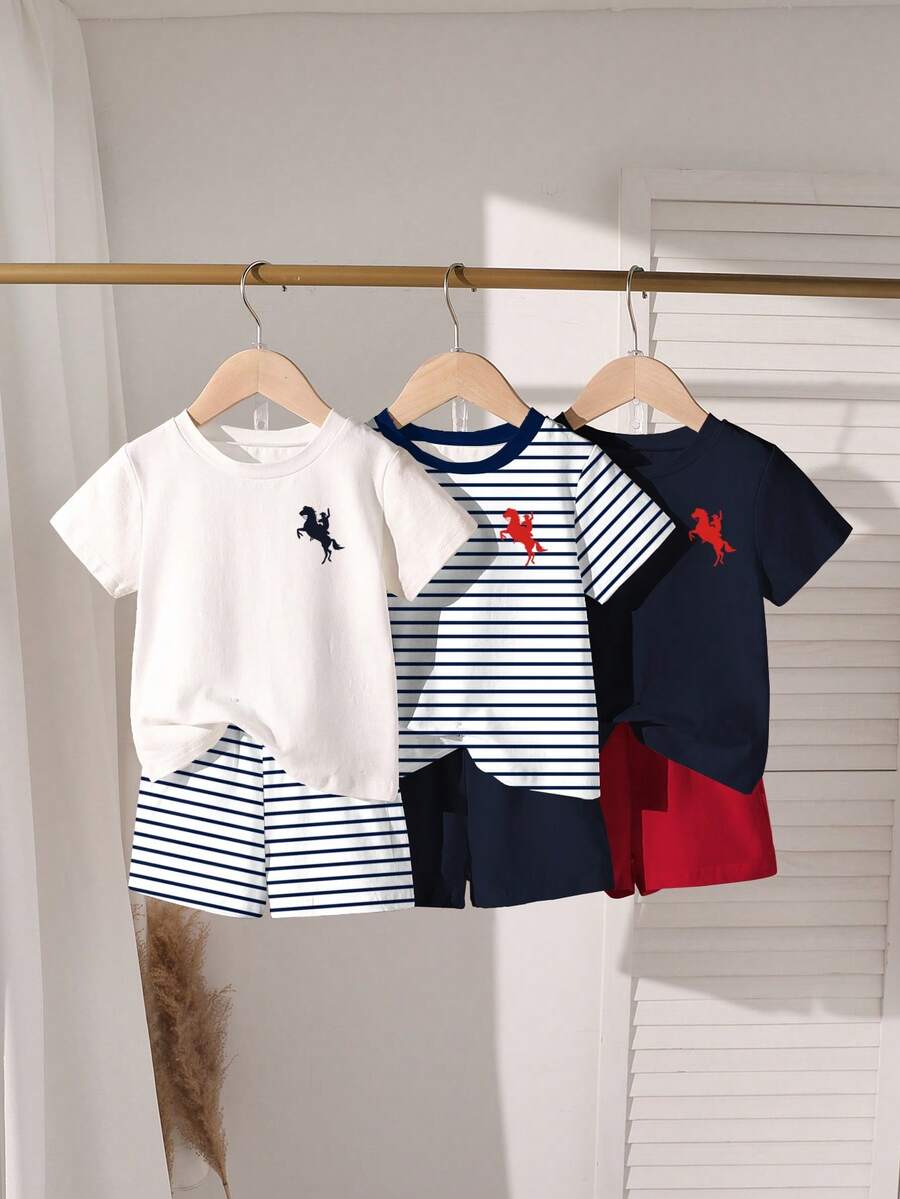 SHEIN Explorewe 6件套幼儿男童骑士印花圆领短袖T恤和短裤休闲套装,1套白色,1套海军蓝条纹,1套海军蓝,休闲街头风,适合户外运动和日常穿着,春夏秋季皆宜。 - 彩色 - 查看 1
