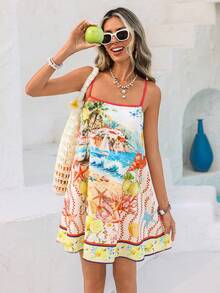 Vivid Eden Seafood Print Sleeveless Dress For Women - Multicolor - View 1