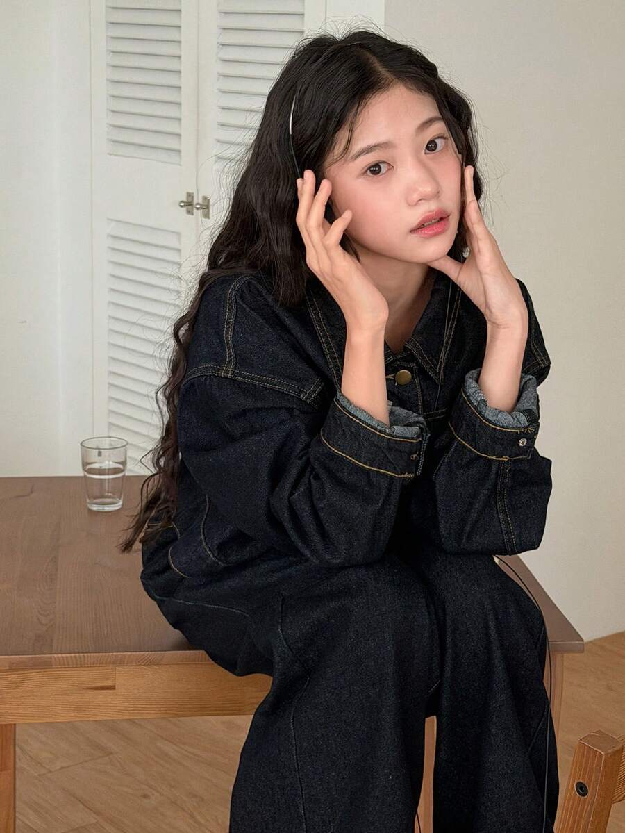 DAZY Teen Girl Casual Front Button Denim Jacket And Jeans Set, Autumn - Dark Wash - View 1