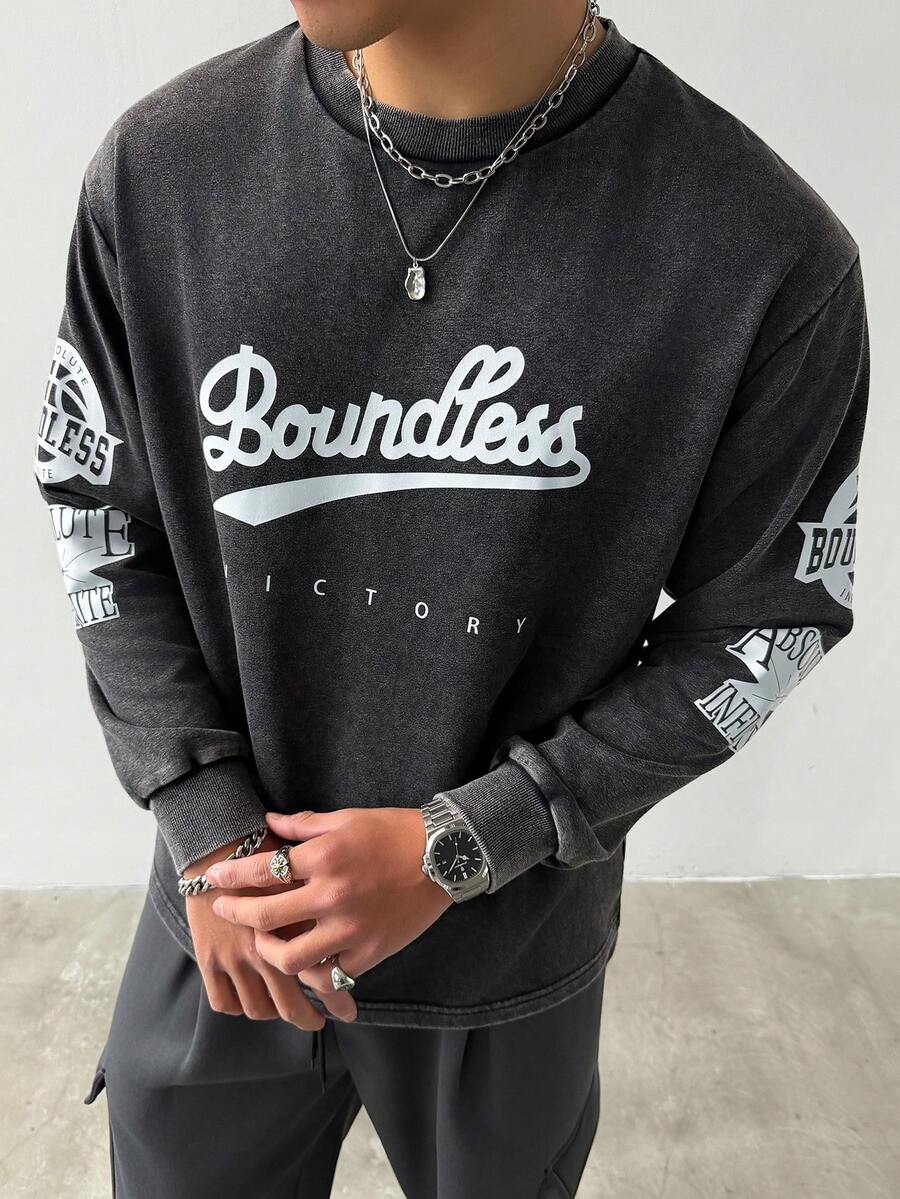 Aesthetic Post 男士字母印花圆领休闲百搭长袖T恤 - 黑色 - 查看 1