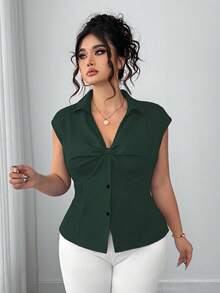 Elenzga Áo sơ mi cỡ lớn, màu trơn, xếp ly, cài cúc phía trước, kiểu dáng thanh lịch, thích hợp cho mùa hè. - màu xanh lá - Xem 1