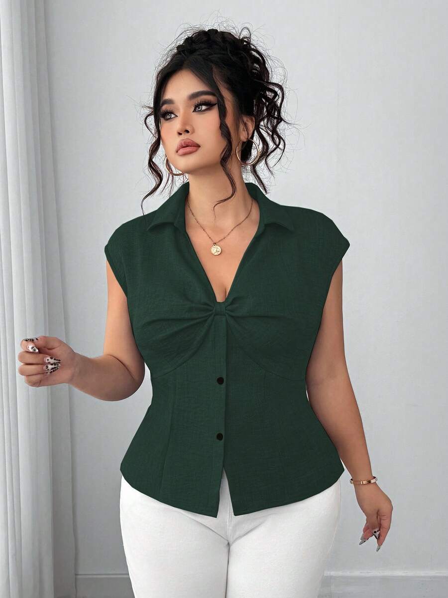 Elenzga Áo sơ mi cỡ lớn, màu trơn, xếp ly, cài cúc phía trước, kiểu dáng thanh lịch, thích hợp cho mùa hè. - màu xanh lá - Xem 1