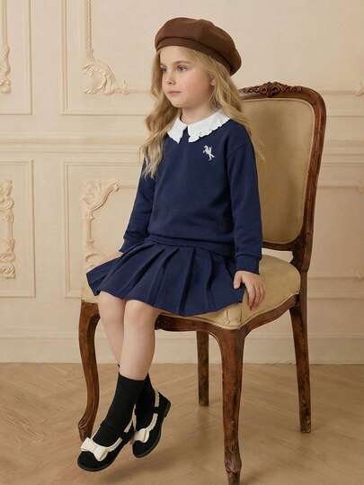 PrepCrw 2pcs Young Girls Elegant Urban Versatile White Collar Navy Long Sleeve Knit Polo Shirt And Navy Blue & White Striped Pleated Mini Skirt Set, Suitable For Casual Outings, Gatherings, Holidays, Autumn/Winter, Christmas Girls Navy Blue Pleated Skirt Toddler Girl School Uniform Girls School Clothes Sets Tennis Skirt Set Kids Girls Navy Blue Collared Top