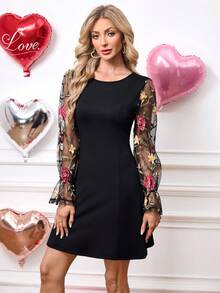 SHEIN Clasi Đầm ngắn tay dài cổ tròn phối lưới thêu hoa dành cho nữ - màu đen - Xem 5