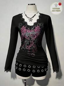 Attitoon Kaos Lengan Panjang Kasual dengan Leher V Dalam dan Hiasan Renda, Cocok untuk Musim Gugur/Dingin, Gaya Vintage, Y2K, Motif Hati untuk Musim Semi - Hitam - View 8