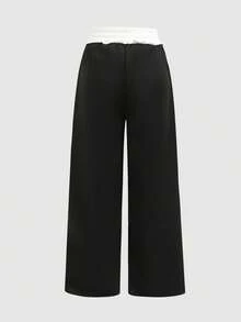 SHEIN Pantalones de chándal casuales holgados de pierna ancha con estampado de número y cintura con cordón de color bloque para niña preadolescente - Negro - Ver 2