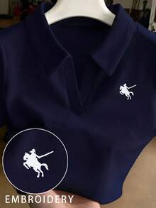 Camiseta de manga corta ajustada con cuello bordado para mujer - Azul marino - Ver 6