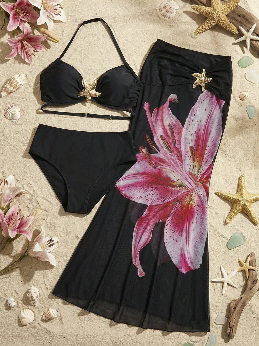 SHEIN Bộ bikini dệt kim họa tiết hoa cho bé gái tuổi teen với họa tiết sao biển, trang phục nàng tiên cá cho kỳ nghỉ hè - màu đen - Xem 1