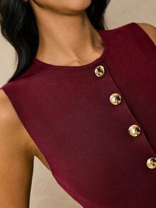 Poéselle Elegant Burgundy Women's Sweater Vest,Autumn Office Plain Knitwear Round Neck Casual Sleeveless Button-Front Top,Regular Length Maroon Tops For Women - Burgundy - View 7