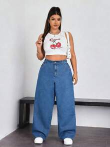 SHEIN ICON Plus Size Solid Color Casual Jeans - Medium Wash - View 5