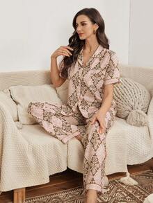 Serenescape Women's Casual Geometric Print Short Sleeve Pajama Set - Multicolor - View 5