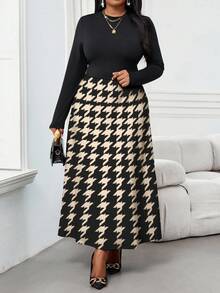 SHEIN Lady 大码女式圆领千鸟格拼接时尚约会之夜长袖连衣裙 - 彩色 - 查看 4