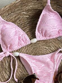 Swim Mod Women's Jacquard Fabric Beaded Halter Bikini Set, Spring/Summer - Pink - View 4