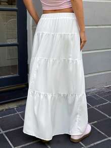 MainGRL Women Solid Color High Waist Tie Ruffled Hem Maxi Skirt