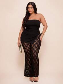 SHEIN BAE Plus Size Women's & Elegant Black Lace 2-Piece Set,Bandeau Top & Flare Pants,Summer Formal Evening Night Out Club Outfit,Wedding Guest,Curve Set - Black - View 3