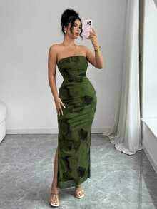 Rafferiza 女士优雅褶皱扎染网纱印花收腰无肩带开衩派对连衣裙 - 綠色 - 查看 6