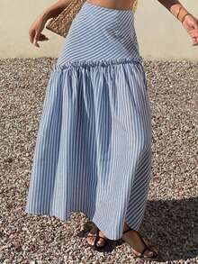 Livesso Loose Casual Vacation Style Beach Fashion Design Ruffled Asymmetric Striped Print High Waist Women Skirt, Spring/Summer - Blue - View 5