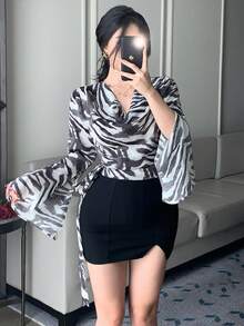 DAZY Women's Elegent White Animal Print Chiffon Blouse,Loose Office Wear With Flare Sleeve,Autumn Night Out Colorblock Drawstring Waist Long Sleeve Top - Black - View 4