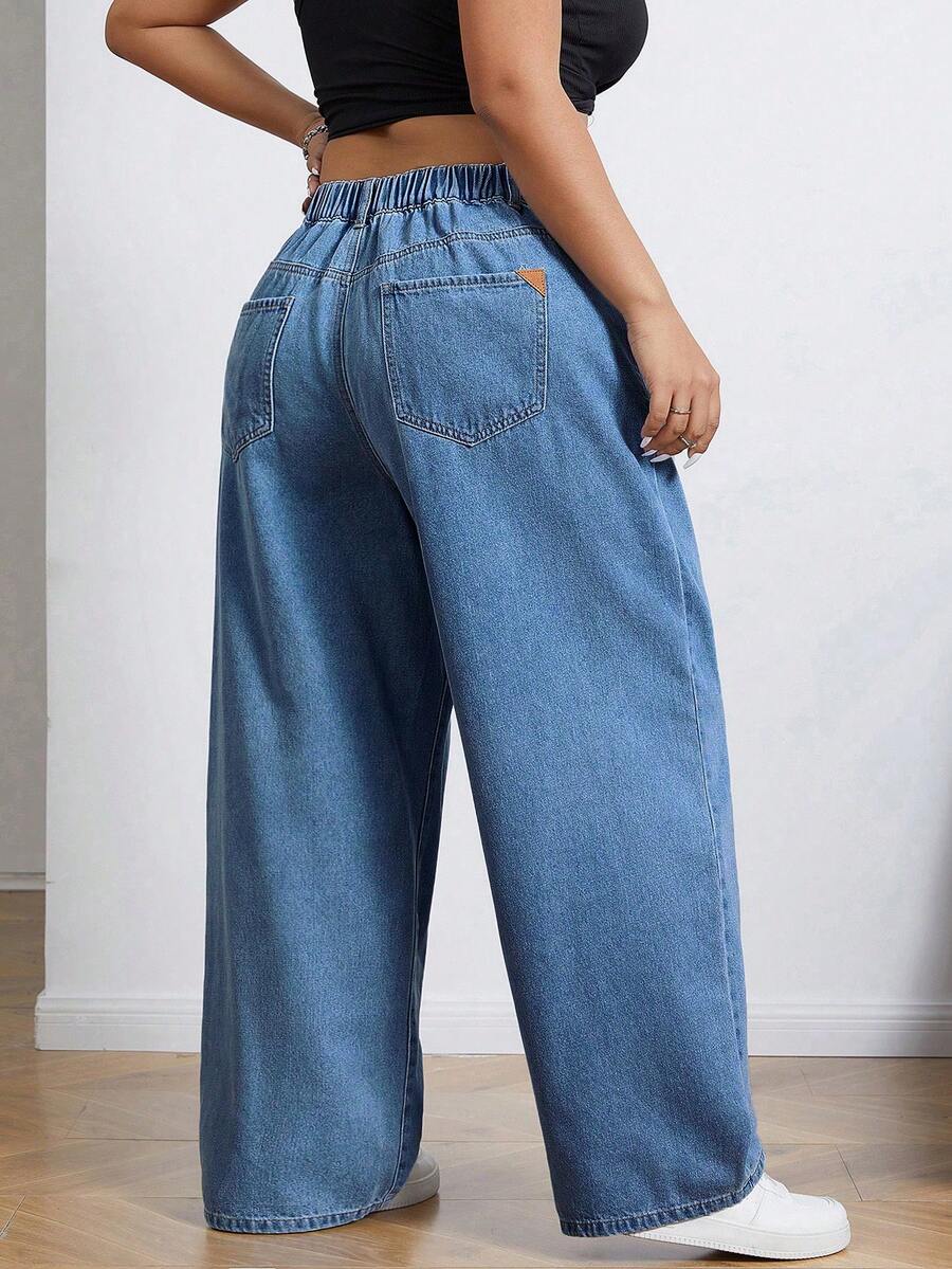 SHEIN ICON Quần jeans ống đứng dáng rộng, thoải mái, đa năng, cạp chun co giãn, cỡ lớn. - Rửa nhẹ - Xem 1
