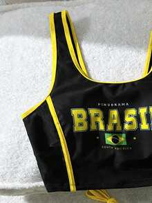 Swim Vcay 女士休闲度假巴西字母印花比基尼套装，春夏款 - 黑色 - 查看 5