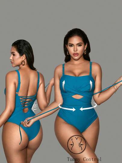 Shapewave 1pc Women's Sexy Fashion One-Piece Swimsuit With Removable Padded Bust, Hollow Strap Design With Golden Pearl Decor, Adjustable Shoulder Straps, Shapewear