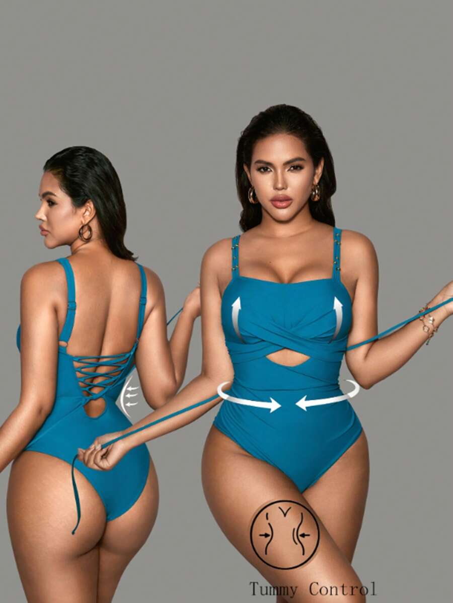 Shapewave 女士性感时尚连体泳衣，带可拆卸胸垫，镂空肩带设计，饰有金色珍珠，肩带可调节，塑身衣 - 水鴨藍 - 查看 1