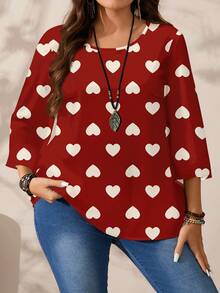 EMERY ROSE 大码女式浪漫休闲爱心印花宽松圆领七分袖衬衫，情人节爱心衬衫，情人节礼物 - 紅色 - 查看 4