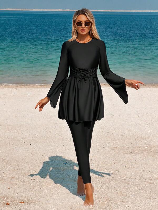 Swim Mulvari Women's Solid Color Long Sleeve Front Drawstring Long Pants 2 Pieces Burkini Swimsuit