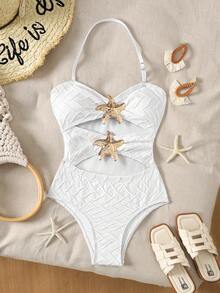 Tween Girl White One-Piece Swimsuit,Knit Textured Fitted Bathing Suit With Starfish Decor,Detachable Straps,Summer Beach Pool Party Vacation Holiday - Apricot - View 5