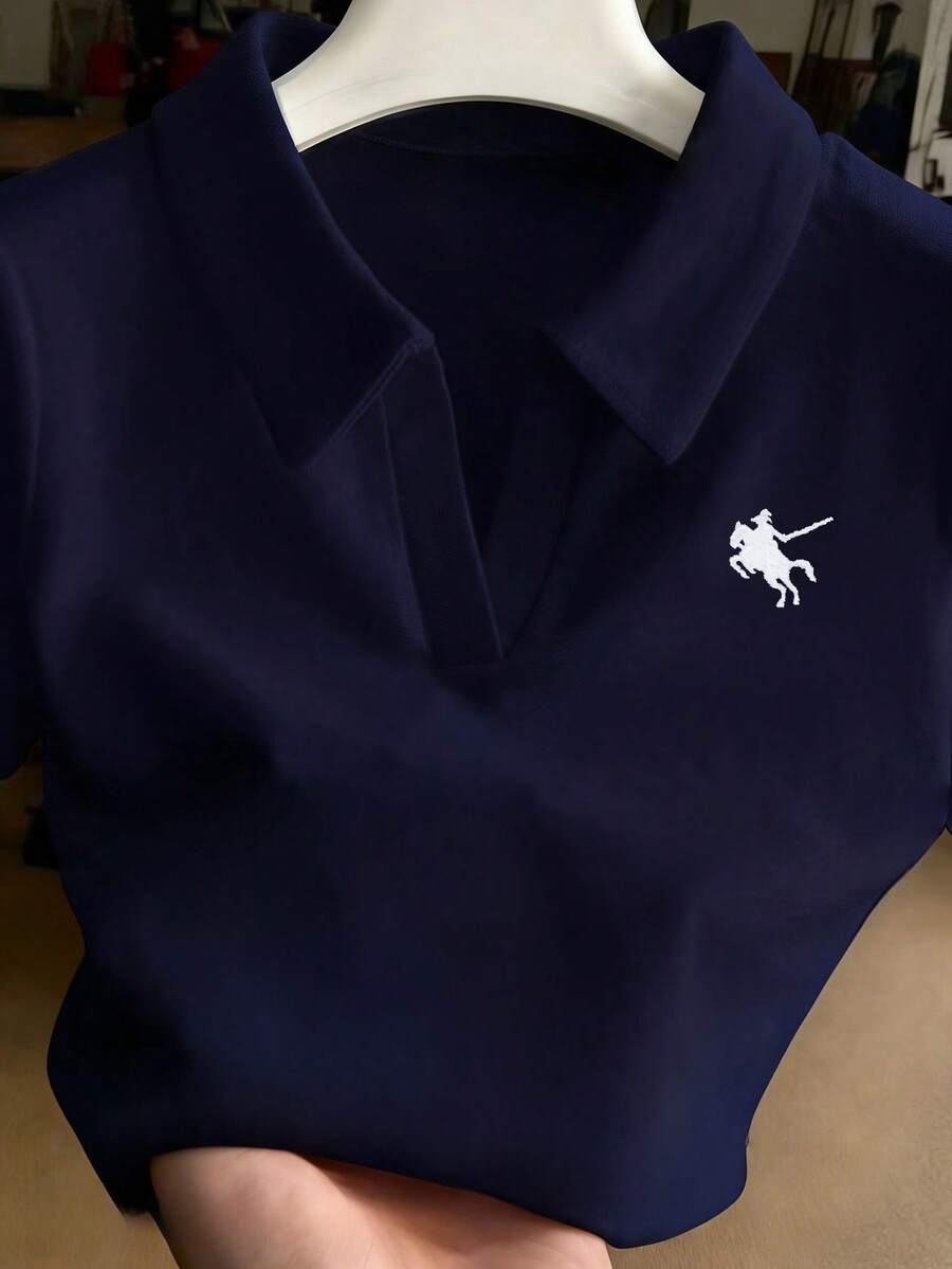 Franclia Embroidered Collar Fitted Short Sleeve T-Shirt For Women - Navy Blue - View 1