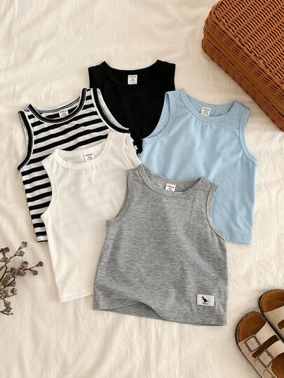 SHEIN 5pcs/Set Unisex Baby Clothes, Summer Casual Knit Striped & Solid Color Vests, Basic Undershirt Multipack