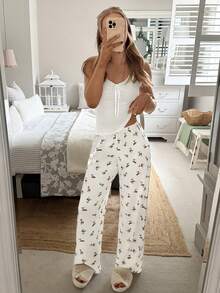 CovetEZ Women's Spring/Summer 2026 New Arrival: Casual, Stylish, Versatile, Basic, Comfortable, Deer Pattern, Elastic Waist, Wide Leg Pants - Beige - View 3