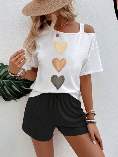 EMERY ROSE 2pcs/Set Heart Pattern Women's Asymmetrical Shoulder Short Sleeve Shorts, White & Black, Hot Selling For Spring/Summer Vacation