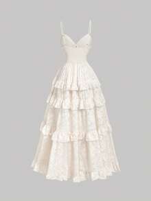 SHEIN MOD 杏色花卉提花露背吊带连衣裙，饰有超大蝴蝶结，梦幻浪漫优雅，层叠荷叶边点缀，适合约会、派对、假日、下午茶、生日装扮、夏季女装、复活节装扮、沙滩装扮、度假装扮、夏季、音乐会装扮、锐舞派对装扮、邮轮装扮、西式女装、毕业礼服、迎婴派对礼服、波西米亚风女装、节日装扮等场合。