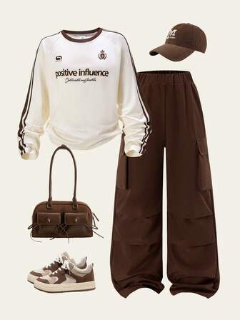 Casuvi Kids 两件套少女杏色撞色圆领插肩袖上衣搭配棕色工装裤套装，适合日常休闲穿着、外出、返校、春秋季节穿着。