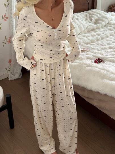 CottageSlumber 여성 캐주얼 보우 물방울 무늬 프린트 브이넥 피트 롱 슬리브 파자마 세트