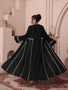 SHEIN Najma Black Print Contrast Color Flare Sleeve Loose Kimono Cardigan, Spring/Summer - Black - View 2
