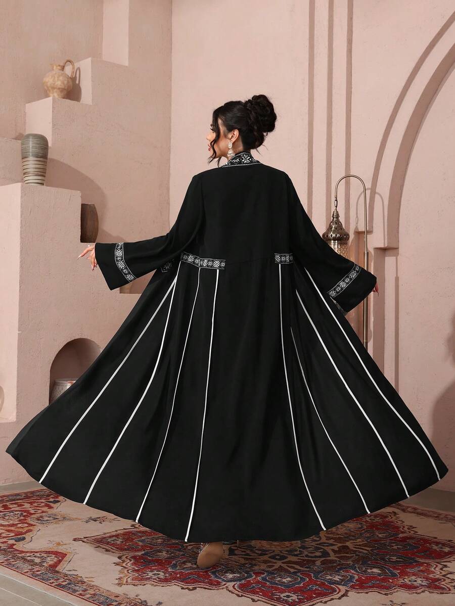 SHEIN Najma Black Print Contrast Color Flare Sleeve Loose Kimono Cardigan, Spring/Summer