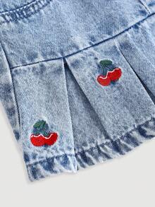 女婴樱桃刺绣蓝色牛仔百褶裙 - 淺色水洗藍 - 查看 4