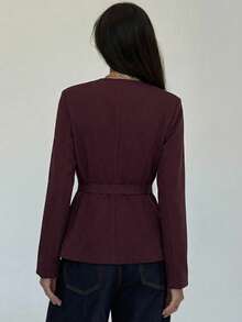 Aloruh Women's Fashionable Solid Color Deep V Neck Blazer In Fall/Winter - Burgundy - View 2