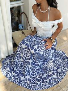 SHEIN Tall Women's Casual Vacation Elegant Outfit Daily Versatile Fashion Print Low Waist Skirt, Spring/Summer - Multicolor - View 3