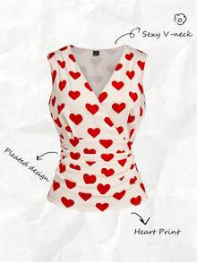 Franclia Women's Elegant Heart Print V-Neck Sleeveless Blouse, Valentine's Day Heart Dress Wrap Dress Cute Dress Strawberry Dress Women Cherry Dress Women