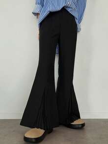 FRIFUL Women's Chiffon Pleated Solid Color Flare Pants - Black - View 5