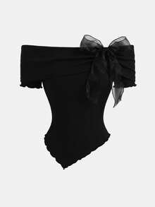 Girlism Tween Girl Off-Shoulder Bowknot Long Sleeve T-Shirt Top, Back-To-School Outfit,Cute Tops School,Pink Top,Fall Tops,Preppy Tops/Valentine Day Kids/ Valentine Day/ Summer/Summer Outfits Summer Outfits - Black - View 1