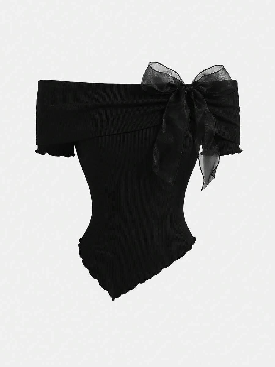 Girlism Tween Girl Off-Shoulder Bowknot Long Sleeve T-Shirt Top, Back-To-School Outfit,Cute Tops School,Pink Top,Fall Tops,Preppy Tops/Valentine Day Kids/ Valentine Day/ Summer/Summer Outfits Summer Outfits - Black - View 1