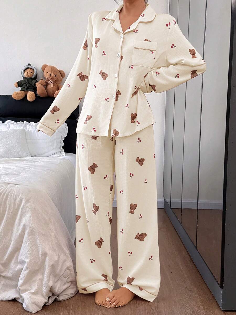 SHEIN Bộ đồ ngủ nữ tay dài và quần in hình gấu và quả anh đào dễ thương - Màu be - Xem 1