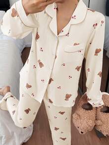 SHEIN Bộ đồ ngủ nữ tay dài và quần in hình gấu và quả anh đào dễ thương - Màu be - Xem 5