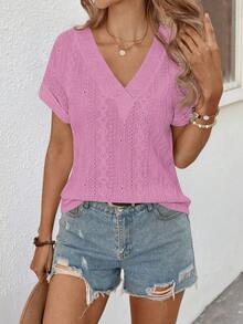 EMERY ROSE Camiseta casual versátil de mujer con cuello en V, manga corta y estampado floral de jacquard, nueva llegada para primavera/verano - Rosa Fucsia - Ver 4